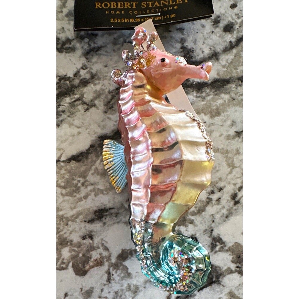 Robert Stanley Pink/Blue Glass Seahorse Ornament Hanging Glitter Embellished
